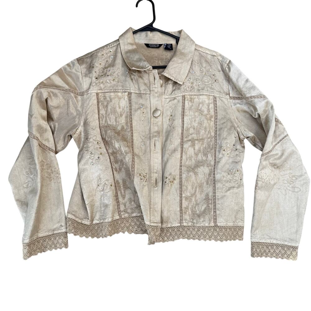 Vintage Women's Medium Moka Sport Silk Cotton Blend Embroidered Tan Jacket